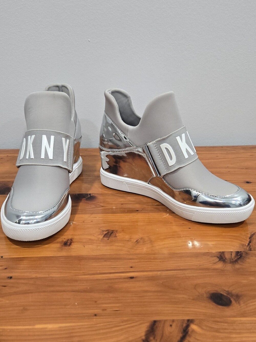 DKNY Cosmos Metallic Silver & Grey Hidden Wedge Sneakers